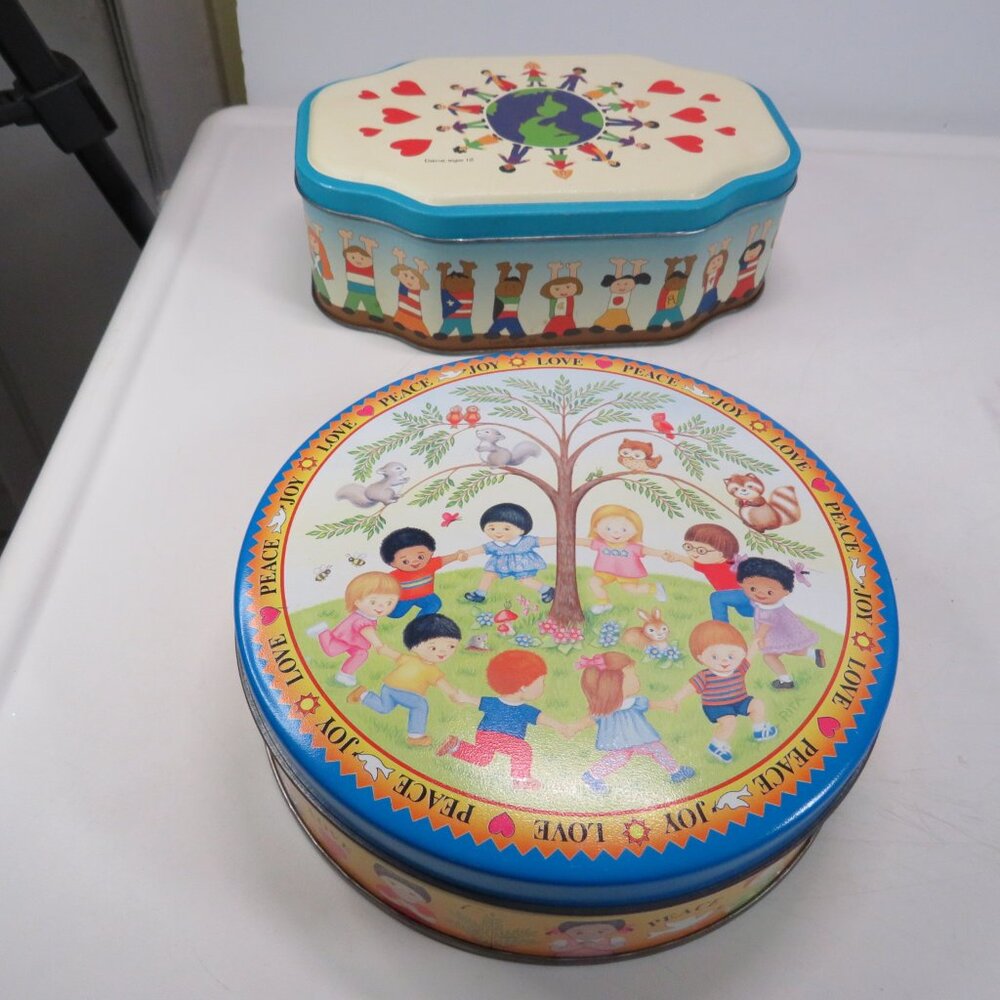 Multicultural Save the Children & Peace Love Joy (2) Metal Tins Kids Classroom